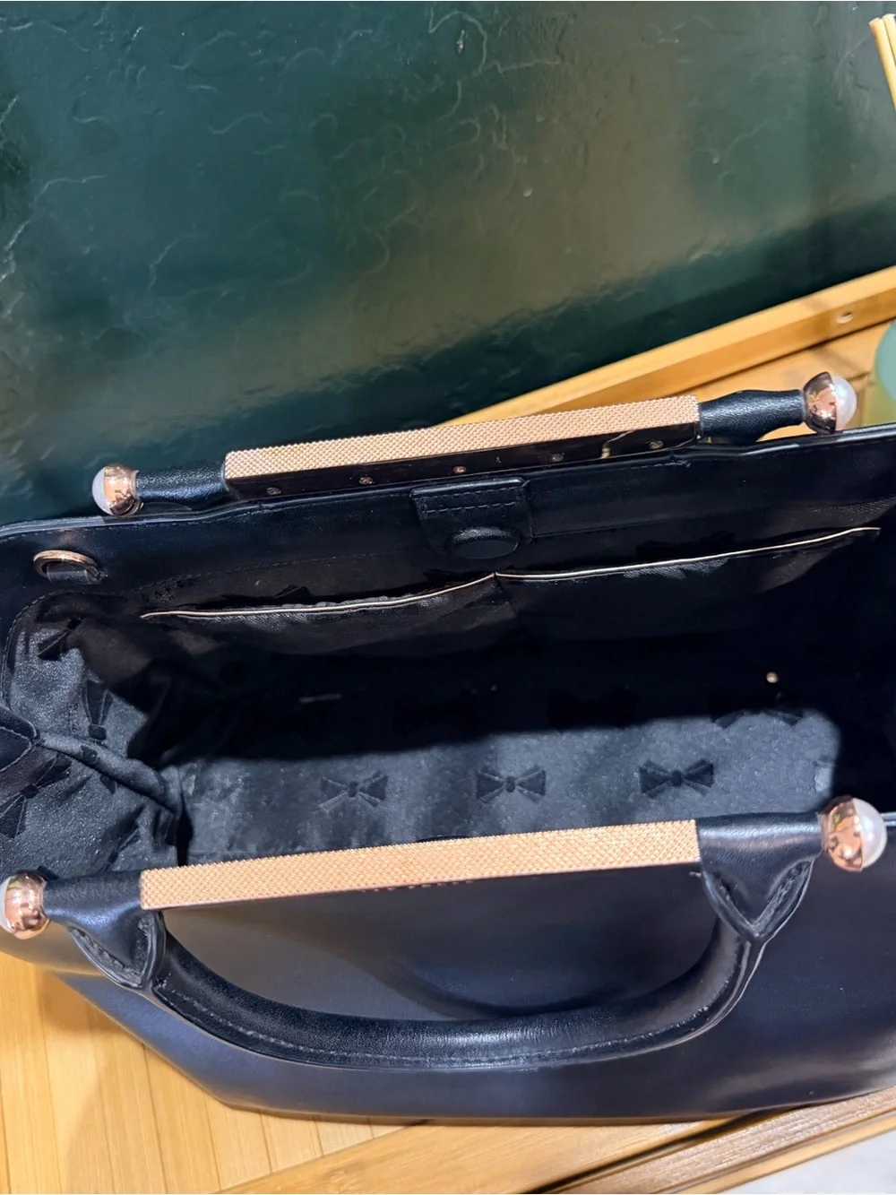 Ted Baker Black Leather Satchel with Rose Gold Accent